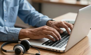 Close-up photography of a professional's hands typing on a laptop with a headset resting nearby on a clean, wooden desk. South American / Brazilian setting, warm but professional interior lighting. Palette of medium blue and light blue.