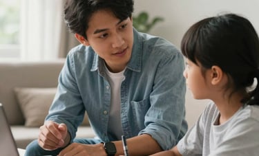 Clean and professional photography of a tutoring session in an Indonesian living room, a young teacher explaining to a student, soft natural morning light, emphasizing a helpful and educational atmosphere, high quality photography.