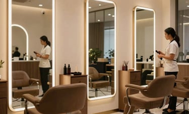 Elegant photography of a modern Indonesian beauty salon interior, stylish mirrors, comfortable chairs, warm boutique lighting, professional stylist in clean uniform visible in soft focus, high-end commercial style.