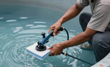 Professional photography of a Southeast Asian / Indonesian worker using specialized cleaning equipment inside a clean water reservoir. The lighting is crisp, highlighting the cloudy blue and slate gray colors of the clean environment.