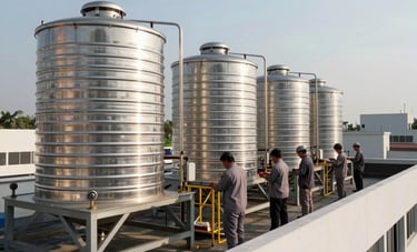 Wide angle architectural photography of a commercial building rooftop in Indonesia, showing a series of stainless steel water tanks. A professional team in slate gray uniforms is performing a maintenance check. The lighting is bright morning sun.