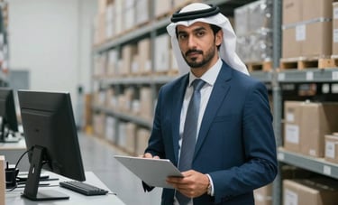 Professional photograph of a business manager in a clean, modern distribution center in the Middle Eastern / Gulf region, focusing on organized logistics and supply chain efficiency, slate blue and medium gray color palette.