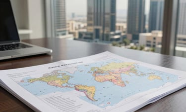 A high-end photography shot of a professional office desk with trade documents and a world map in a modern Ajman skyscraper, Middle Eastern / Gulf architectural details in the background, bright natural lighting, conveying global reach and reliability.