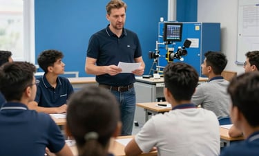 A vocational training classroom in Serbia where an Eastern European supervisor is explaining safety protocols to a small group of Southeast Asian workers. The room is bright with Alice Blue walls and professional Steel Blue equipment. Eastern European / Balkan, with South Asian / Southeast Asian focus.