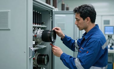 A technician inspecting a large power distribution unit in a clean industrial facility in Portugal. Safety equipment visible, professional lighting, reflecting reliability and safety. Deep blue and light blue color scheme.
