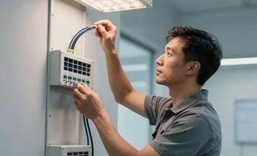 An electrician working in a stylish European office building, checking high-end LED lighting systems and networking cables. Professional, modern, and clean aesthetic with pale blue and grey tones.