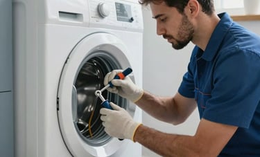 A technician using specialized tools to repair a front-loading washing machine in a contemporary laundry room. The composition is clean and focused, showing professional workmanship. Lighting is bright and trustworthy. Muted blue and white color scheme. Middle Eastern / Gulf home interior.
