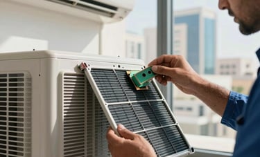 Close-up photography of a skilled repairman cleaning the filters and checking the electrical components of a split air conditioning unit. Bright, clear daylight with a view of Sharjah's modern architecture through the window. Professional blue and gray tones. Middle Eastern / Gulf context.