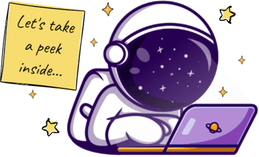 Cartoon astronaut works on his laptop. A message says, "Let's take a peek inside."