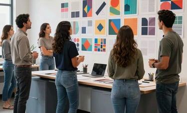 A group of professional Latinoamericano / Hispano designers in a collaborative studio with blue grey furniture, looking at a wall of vibrant content drafts, high-quality photography, bright and airy lighting.