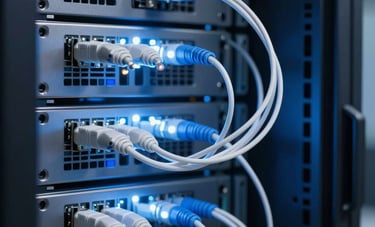 A close-up of high-speed servers and fiber optic cables glowing in a North American data center with deep blue and white lighting. Professional, enterprise-level technology atmosphere. Sharp, clean, premium photography.