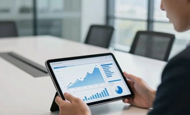 A minimalist North American boardroom where an executive is looking at a tablet showing a complex business growth dashboard. The interface features pale steel blue and muted sky blue accents. Soft natural light, modern glass architecture, professional aesthetic.