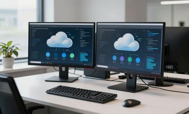Clean, professional photography of a modern North American corporate office desk featuring high-end monitors showing cloud architecture diagrams, with soft daylight and a minimalistic aesthetic.