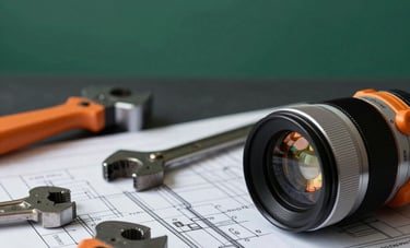Close-up of professional construction tools and technical blueprints on a dark surface, symbolizing bespoke engineering solutions. Minimalist and technical aesthetic, precise lighting, featuring a forest green accent in the background. Professional Baltic construction context.