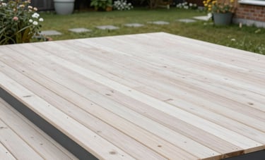 A wide shot of a minimalist wooden terrace built with high-quality pine, overlooking a tidy Lithuanian backyard. The composition is clean and architectural, emphasizing technical precision. Soft daylight, professional construction style, featuring white and natural wood tones with dark grey accents.