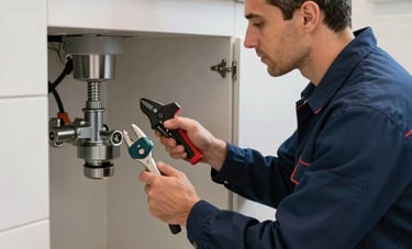A professional plumber in a clean navy blue uniform inspecting a bathroom drainage system. The setting is a contemporary Southern European / Spanish apartment. The lighting is bright, and the plumber is using professional tools, showing expertise.