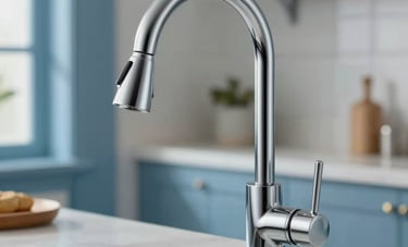 Detailed shot of a sleek, modern chrome kitchen faucet being installed. Professional lighting highlights the polished surface. The background is a clean Spanish home interior with soft blue accents, conveying a sense of reliability and modern style.