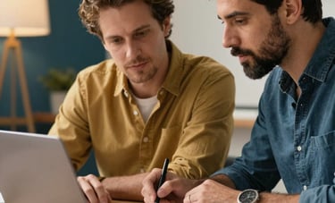 A close-up of a one-on-one mentorship session in a professional Brazilian studio. Two adults are collaborating over a project, with a laptop and notebooks open. The lighting is warm and inviting, using a palette of gold and steel blue accents in a modern setting.
