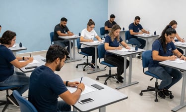Wide shot of a professional group training seminar in a modern Brazilian educational facility. People are engaged in a practical workshop activity around sleek tables. The design is clean with light blue and steel blue tones, conveying reliability and high quality.