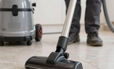 Close-up of a professional cleaning specialist in a Southern European home using a high-tech steam cleaner on a tiled floor. The focus is on the precision of the work and the professional grade equipment used for deep sanitization.