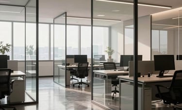 A modern, professional Italian office space with glass partitions and sleek desks. The floor is impeccably clean and reflective. Soft morning light enters through large windows, highlighting an orderly and sanitized work environment.