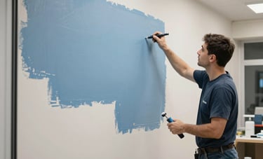 Interior of a Turkish business or shop during an upgrade. A professional painter is working on the interior walls with slate blue and off-white colors, highlighting the meticulous and clean work process. Bright, professional environment.