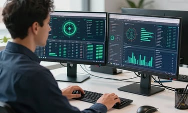 A candid shot of a professional analyst in a contemporary North American / Global Business setting, working at a clean white desk with dual monitors showing intricate data visualizations in green and medium blue. Natural light pours in from a large window.