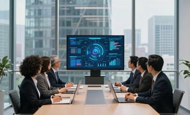 A wide-angle professional photograph of a minimalist, high-tech boardroom in a glass-walled skyscraper. A team of diverse professionals in North American / Global Business attire are focused on a sophisticated data presentation. Lighting is crisp and professional.
