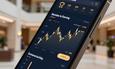 Close-up of a high-end mobile device displaying a sophisticated financial dashboard with gold and blue color schemes. The background shows a blurred luxury North American lobby with modern architecture.