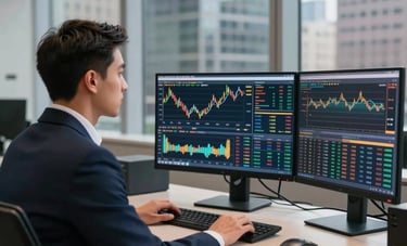 A professional trader in business attire looking at multiple high-resolution monitors with live financial data. The background is a high-rise office in a North American city. The lighting is crisp and modern, featuring navy and gold tones.