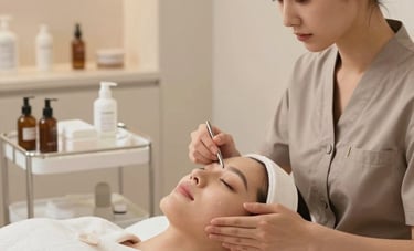 A serene skincare treatment room in a professional unisex salon. A client is receiving a facial from a professional specialist. The scene is clean and modern with warm taupe and off-white accents.