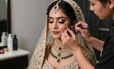 An elegant South Asian bridal makeover session in a luxury salon setting. The makeup artist is carefully applying finishing touches to the bride. The background features light gray and black sophisticated decor.