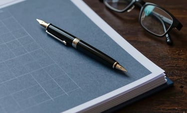 A close-up of a dark wooden desk with neatly organized accounting folders, a high-quality fountain pen, and classic reading glasses. The style is professional and discreet, using a dark blue and grey-blue color palette.