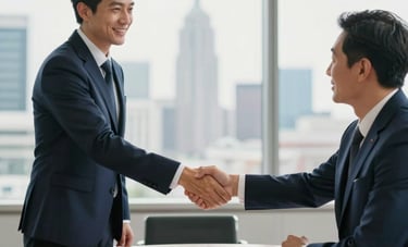 A professional business meeting in a bright, modern Central European boardroom. Two professionals in business attire shake hands over a polished wooden table. Background shows a blurred city skyline. Colors include dark blue and gold tones.