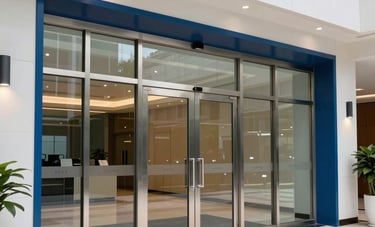 Wide shot of high-security automatic glass sliding doors in a modern, authoritative corporate headquarters lobby in the US. The scene features clean lines, steel blue accents, and a professional, dependable atmosphere under bright daylight.