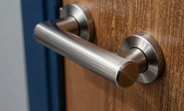 Macro photography of an industrial-grade brushed steel door handle being professionally fitted to a heavy wooden door. The focus is sharp on the metallic texture, set against a background of navy blue and soft grey in a North American commercial setting.