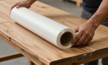 Close-up shot of professional movers in Peru using high-quality protective film and thick cardboard to wrap a wooden table in a well-lit warehouse setting.