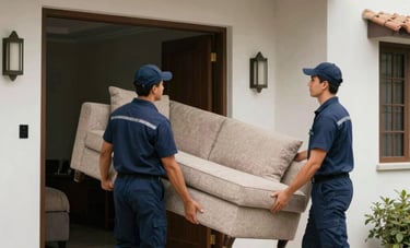 Two professional movers wearing dark blue uniforms carrying a couch into a residential house in Lima, South American architecture, trustworthy and efficient mood.