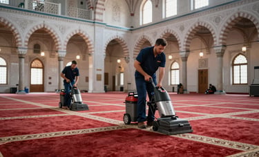 Wide photography shot inside a grand mosque with intricate architecture, showing professional cleaners in uniforms using industrial carpet cleaning equipment on a large red prayer rug. Respectful atmosphere, soft daylight, Turkish / Anatolian architectural details.