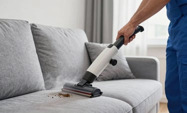 A close-up photography shot of a professional cleaning tool suctioning dirt from a modern grey sofa. A technician in a clean corporate uniform is performing the work. Modern Turkish / Anatolian apartment interior, bright and clean aesthetic, emphasizing moisture extraction.