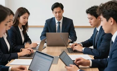Photography of a South American professional environment where a team is collaborating in a bright, clean conference room, using tablets and laptops with deep blue and amber accents.