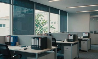 A wide shot of a minimalist, modern office in Brazil, featuring clean lines, organized filing systems, and large windows with soft natural light, reflecting deep blue and green tones.