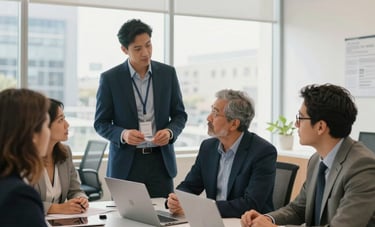 A professional and brightly lit office environment in North American Southern California where professionals are discussing business terms. The atmosphere is confident, modern, and warm, featuring clean steel blue and off-white tones.