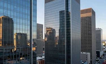 A high-angle view of a modern Southern California financial district with sleek glass buildings reflecting the light blue sky. The scene conveys a sense of professional power, efficiency, and modern architectural elegance.