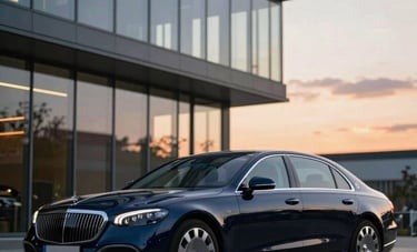 Elegant photography of a dark blue luxury executive sedan parked near a contemporary glass building in Germany, sunset lighting with soft orange and blue tones.
