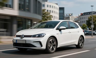 High-quality car photography of a white compact hatchback driving through a modern German city center, blue sky, realistic commercial automotive style.