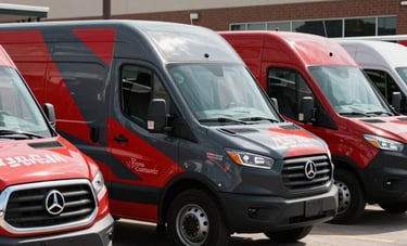 A fleet of commercial vehicles parked in a North American business district, featuring bold red and dark gray custom vinyl graphics. Wide shot, bright daylight.