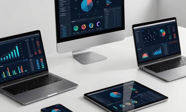 A modern, bright workspace featuring multiple mobile devices and tablets displaying complex data analytics and SEO performance charts. The environment is minimalist and high-end. Global / International.