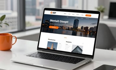 A sleek, minimalist workspace with a laptop showing a high-end, responsive website design. The setting is a bright, professional office with a view of a modern skyline. Accents of orange and silver are visible. Global / International.