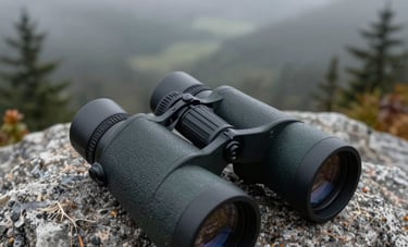 Sharp focus on high-end binoculars resting on a granite rock overlooking a foggy valley in the North American Pacific Northwest, professional outdoor lifestyle photography.